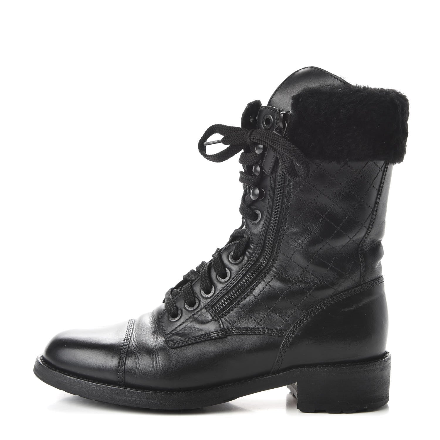 Chanel Calfskin Shearling Quilted Cap Toe Combat Boots 39.5 Black 1 of 8
