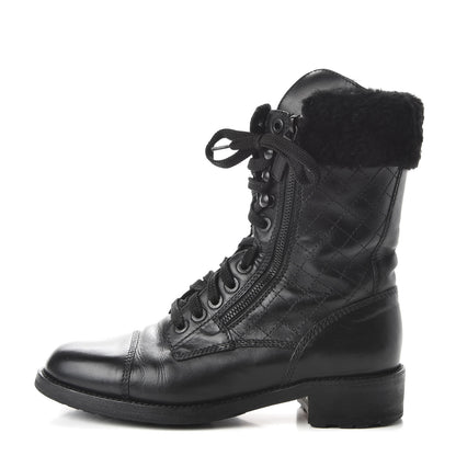 Chanel Calfskin Shearling Quilted Cap Toe Combat Boots 39.5 Black 1 of 8