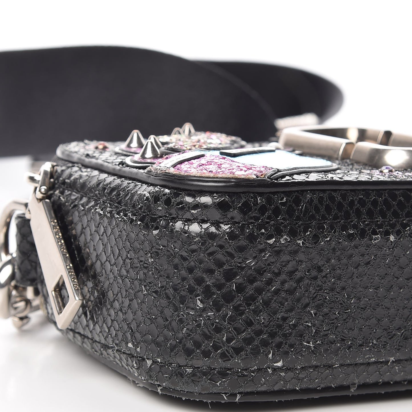 Metallic Sheepskin Python Embossed Snapshot Camera Bag Black