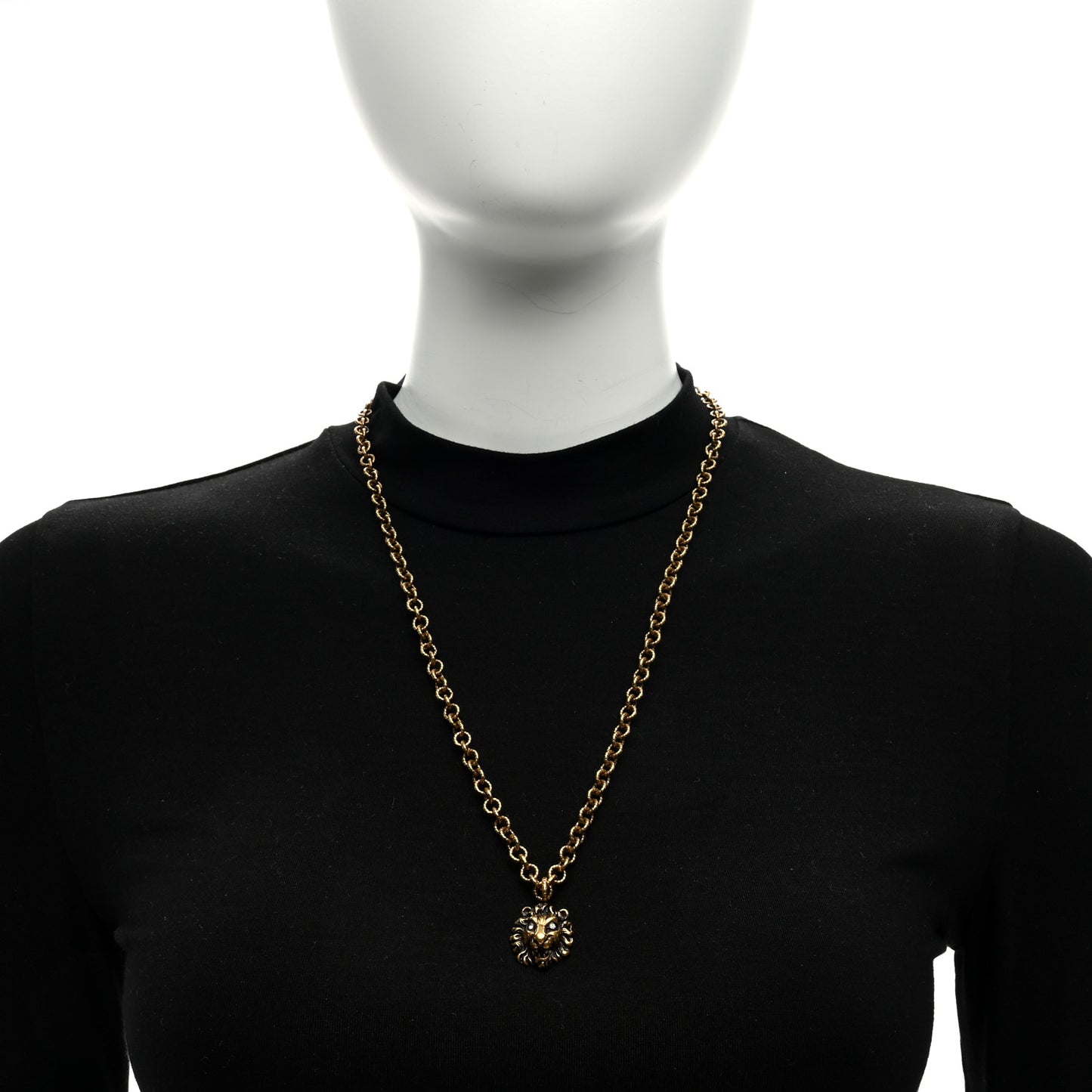 Metal Crystal Lion Head Necklace Aged Gold