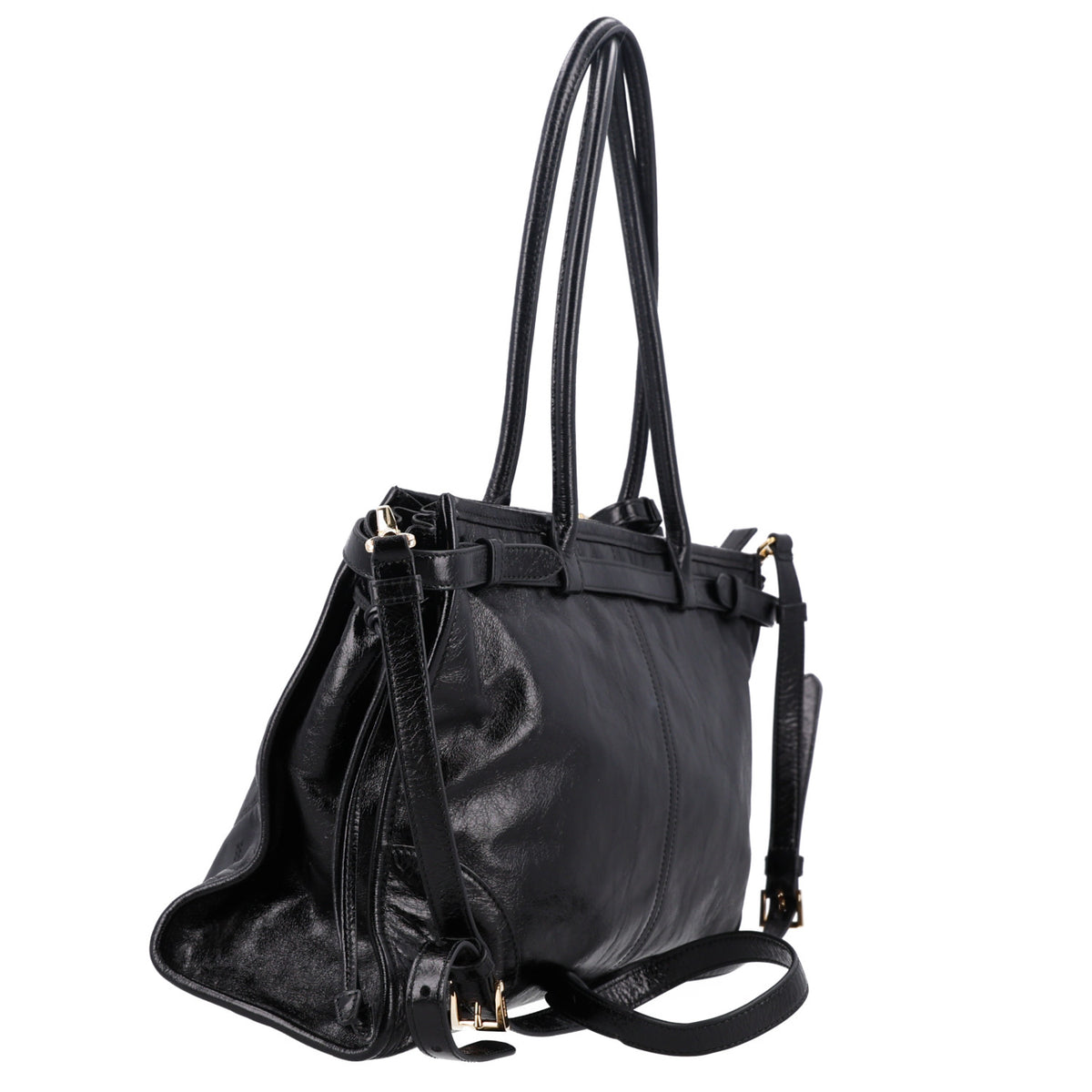 Glossy Calfskin Triangle Large Bonnie Shoulder Bag Black