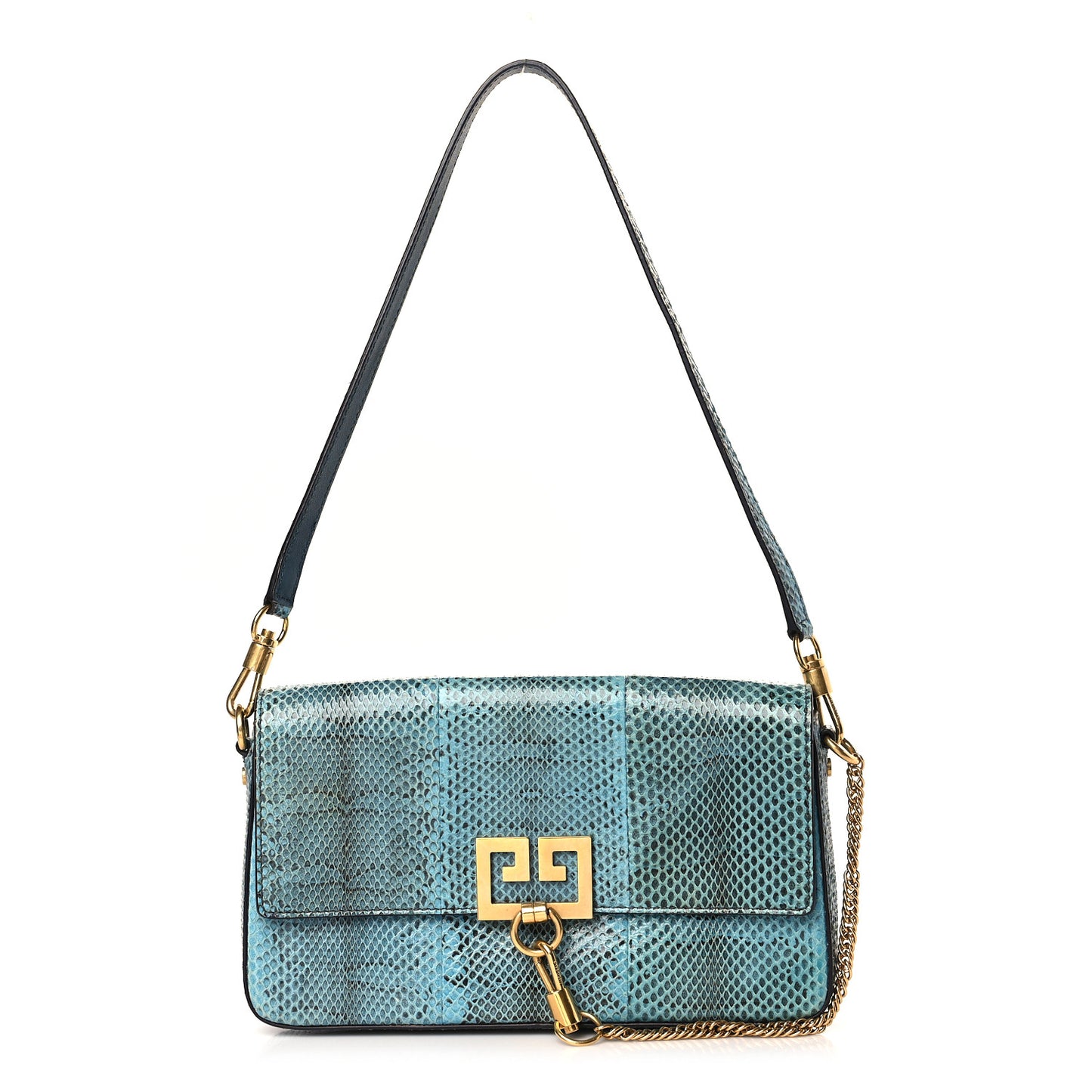 Calfskin Snakeskin Effect Small Charm Shoulder Bag Blue