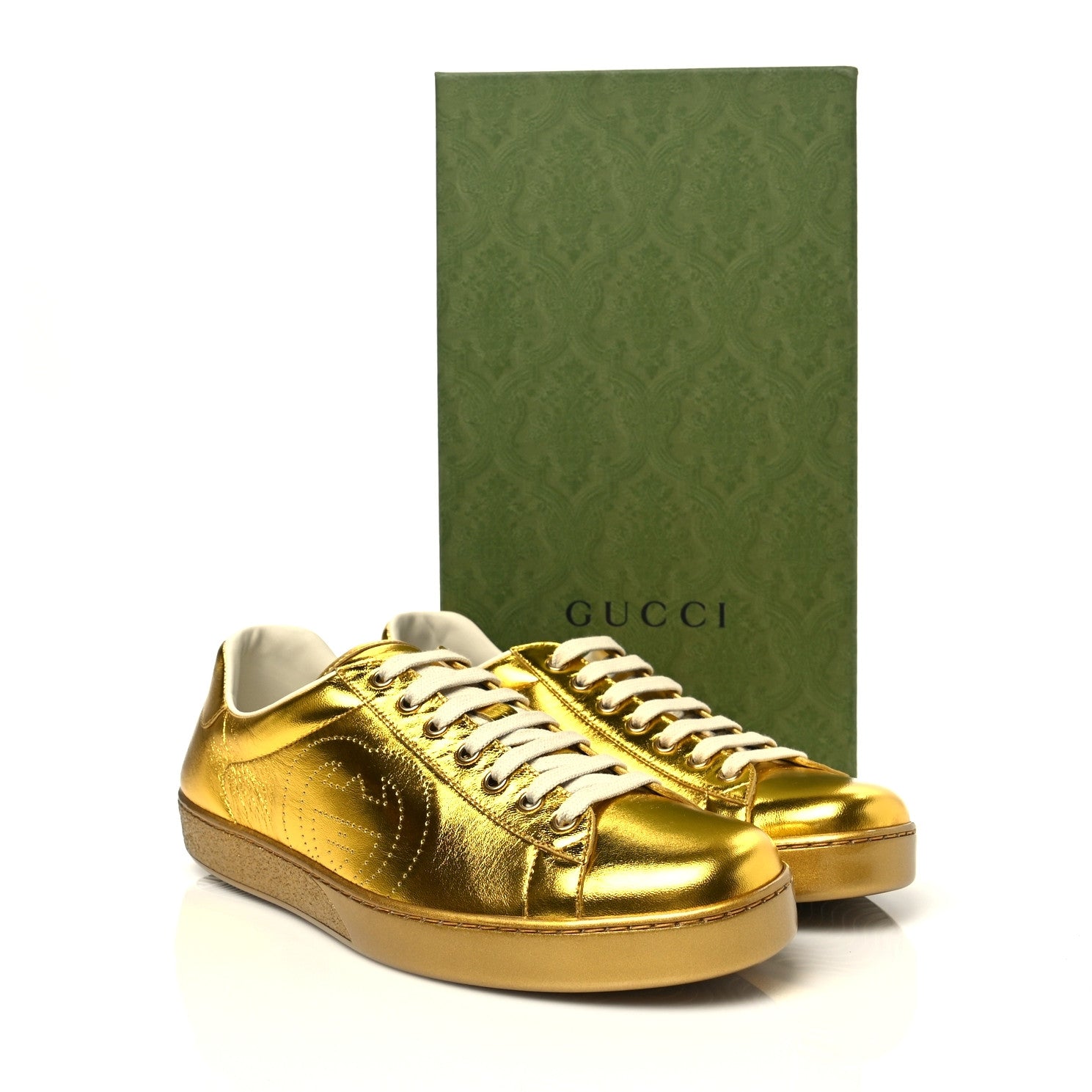 Gucci Metallic Nappa Interlocking G Perforated Mens Ace Sneakers 9 Oro Vecchio 10 of 10