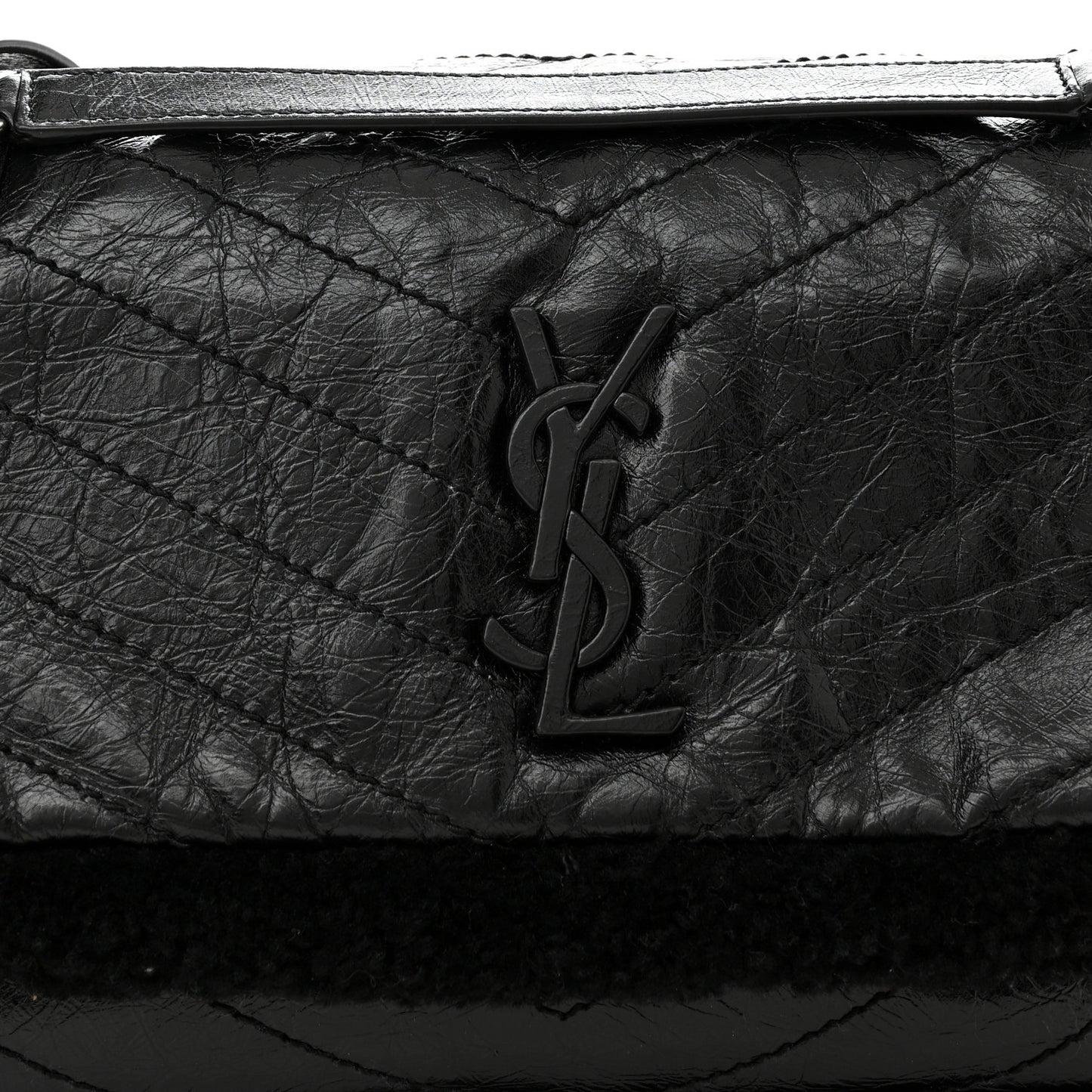Crinkled Calfskin Shearling Monogram Medium Niki Chain Satchel Black