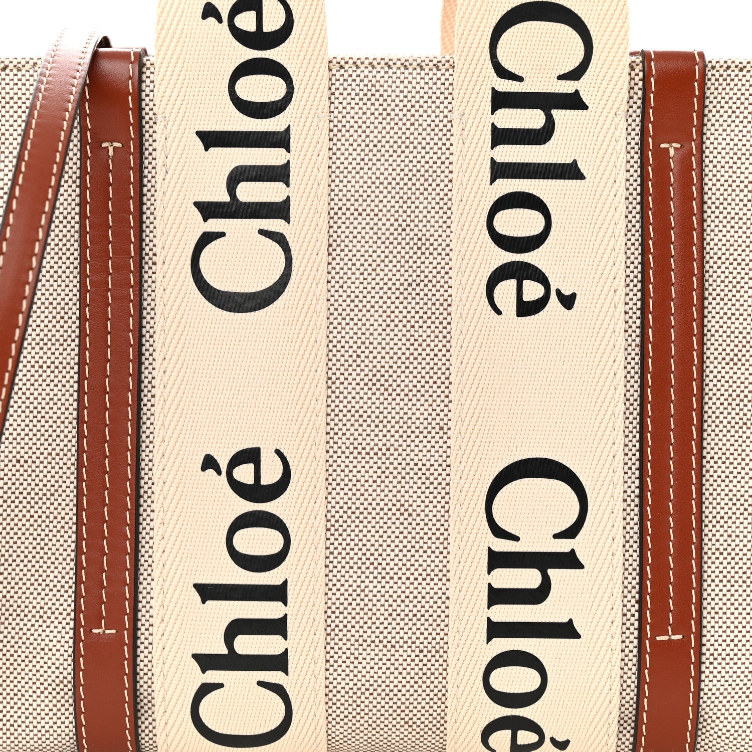 Chloe Cotton Calfskin Small Woody Ribbon Tote With Strap White Brown 8 of 10