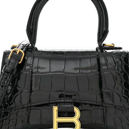 Balenciaga Shiny Calfskin Crocodile Embossed Hourglass Top Handle Bag XS Black 8 of 10