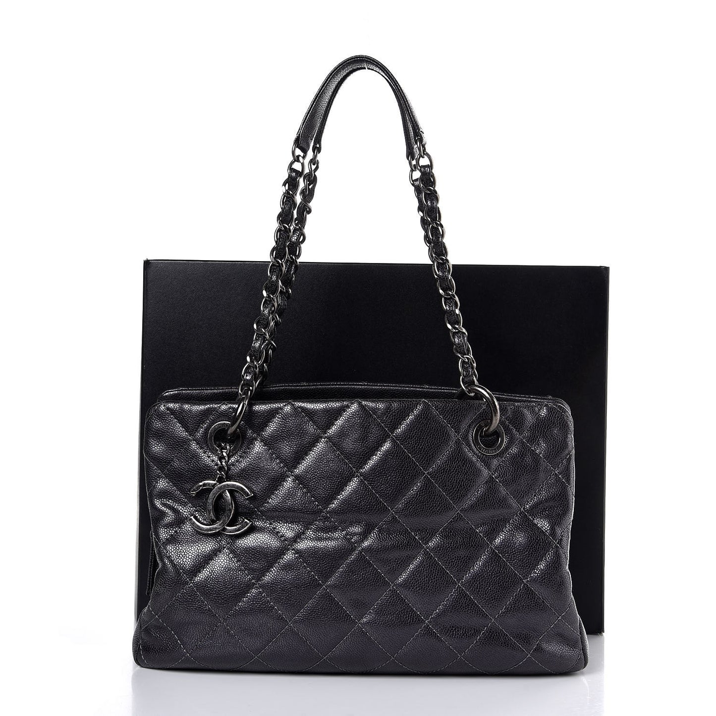 Iridescent Quilted Chic Caviar Shopping Tote Dark Silver