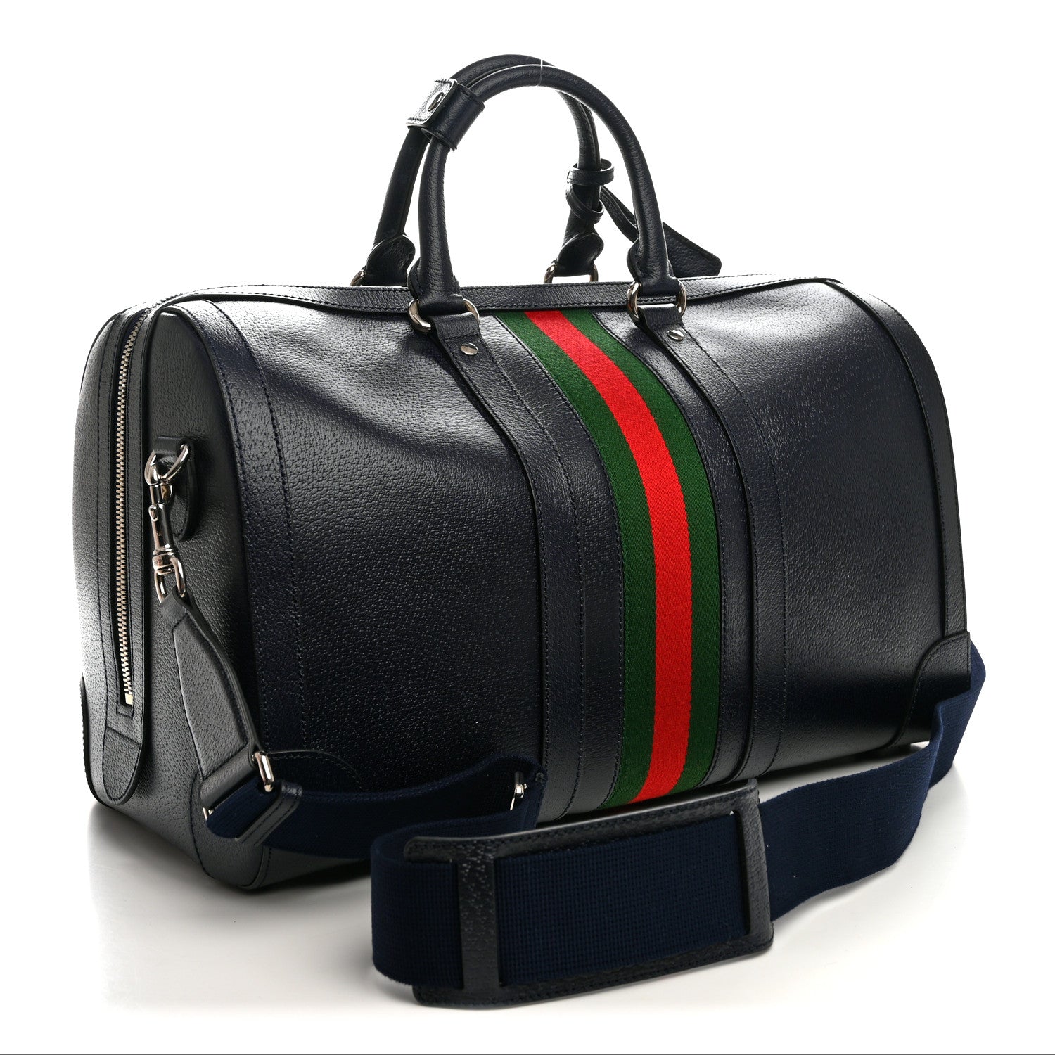 Gucci Textured Dollar Calfskin Web Medium Savoy Duffle Bag Blue 2 of 9