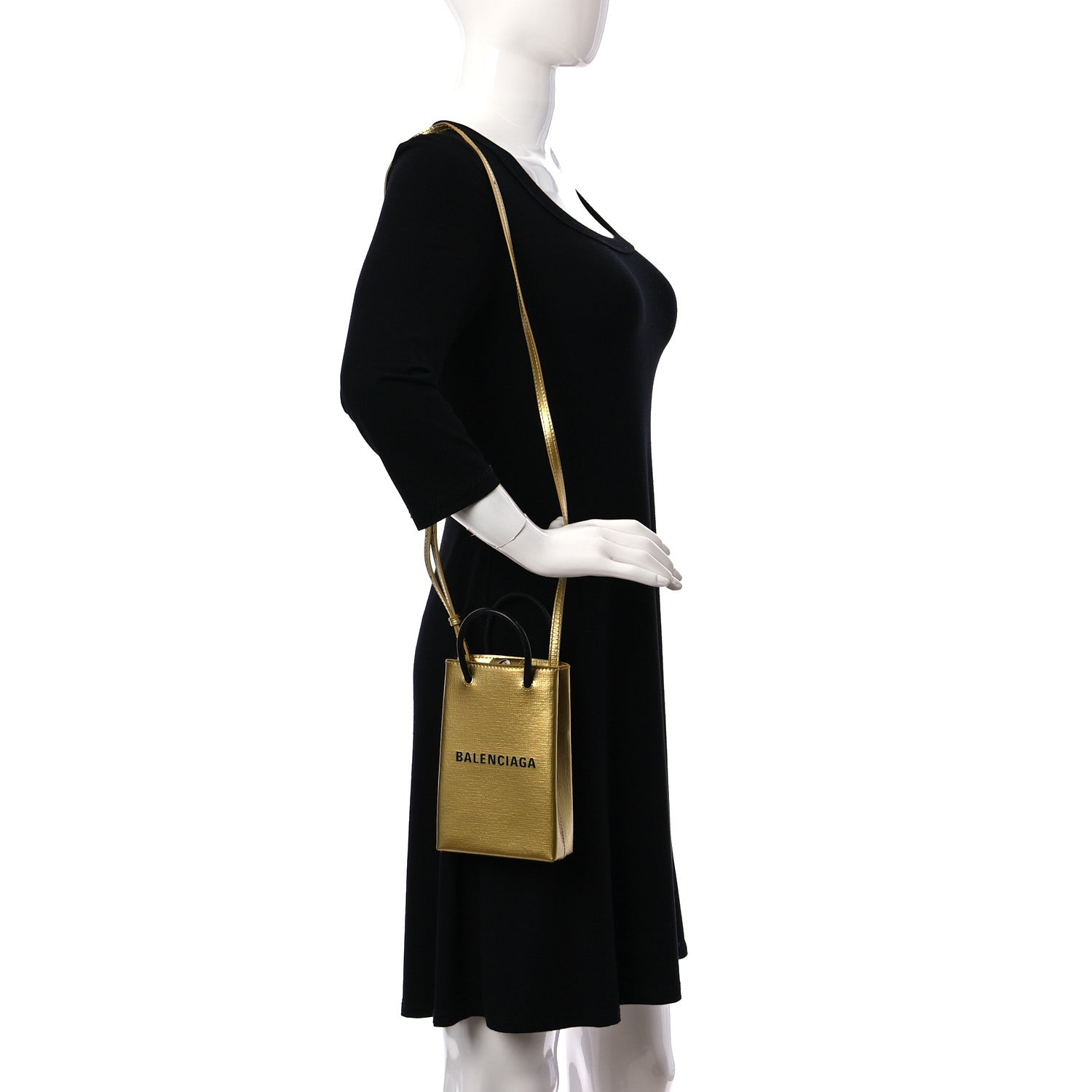 Balenciaga Metallic Textured Calfskin Logo Shopping Phone Holder Bag Gold 2 of 8