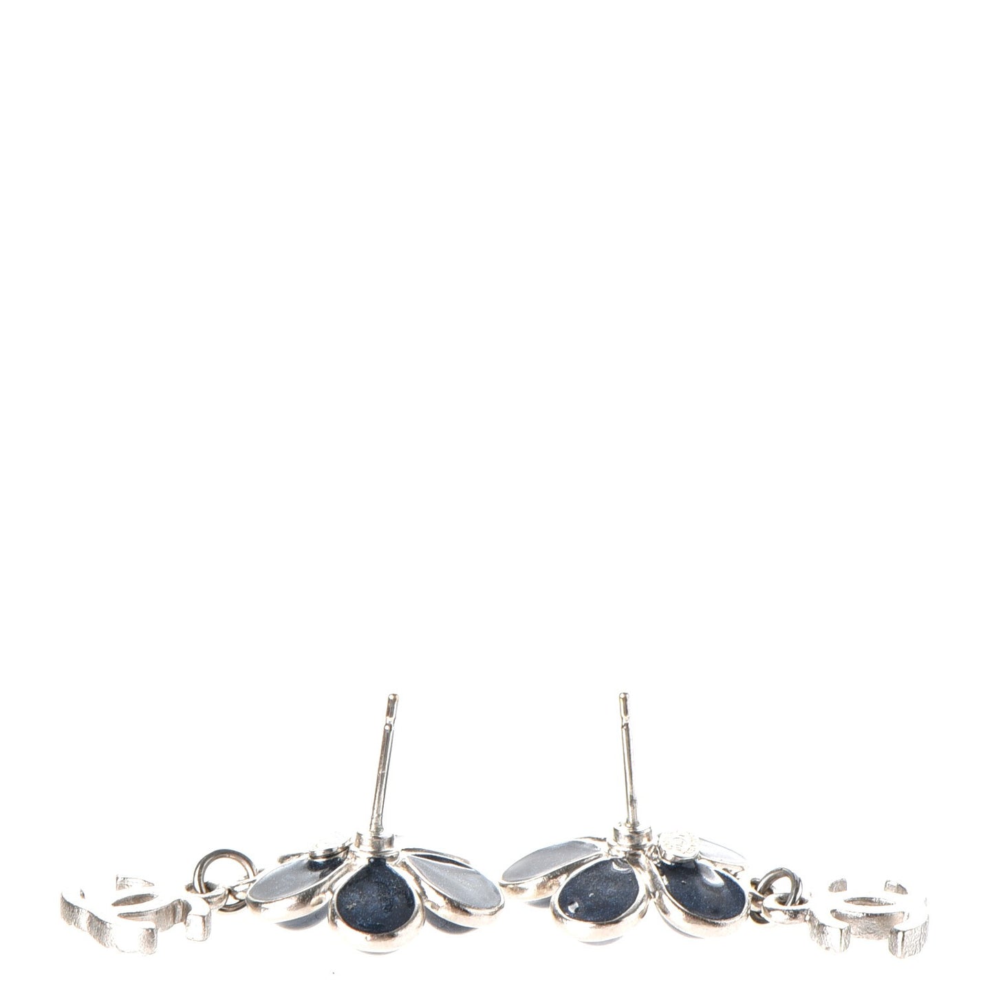 Enamel Pearl CC Flower Drop Earrings Blue Silver