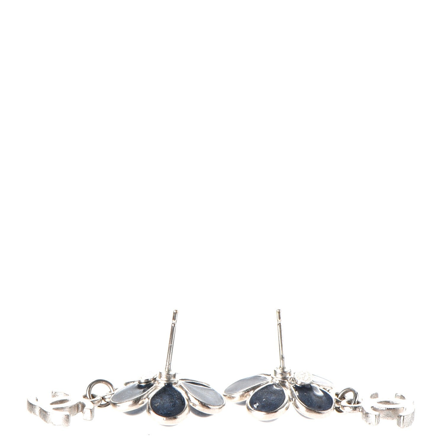 Chanel Enamel Pearl CC Flower Drop Earrings Blue Silver 3 of 5