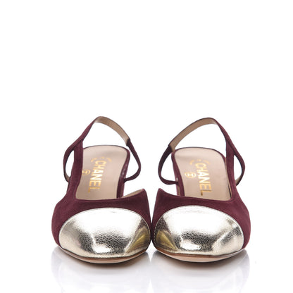 Chanel Kid Suede Metallic Lambskin Cap Toe CC Slingback Pumps 36.5 Burgundy Gold 2 of 9