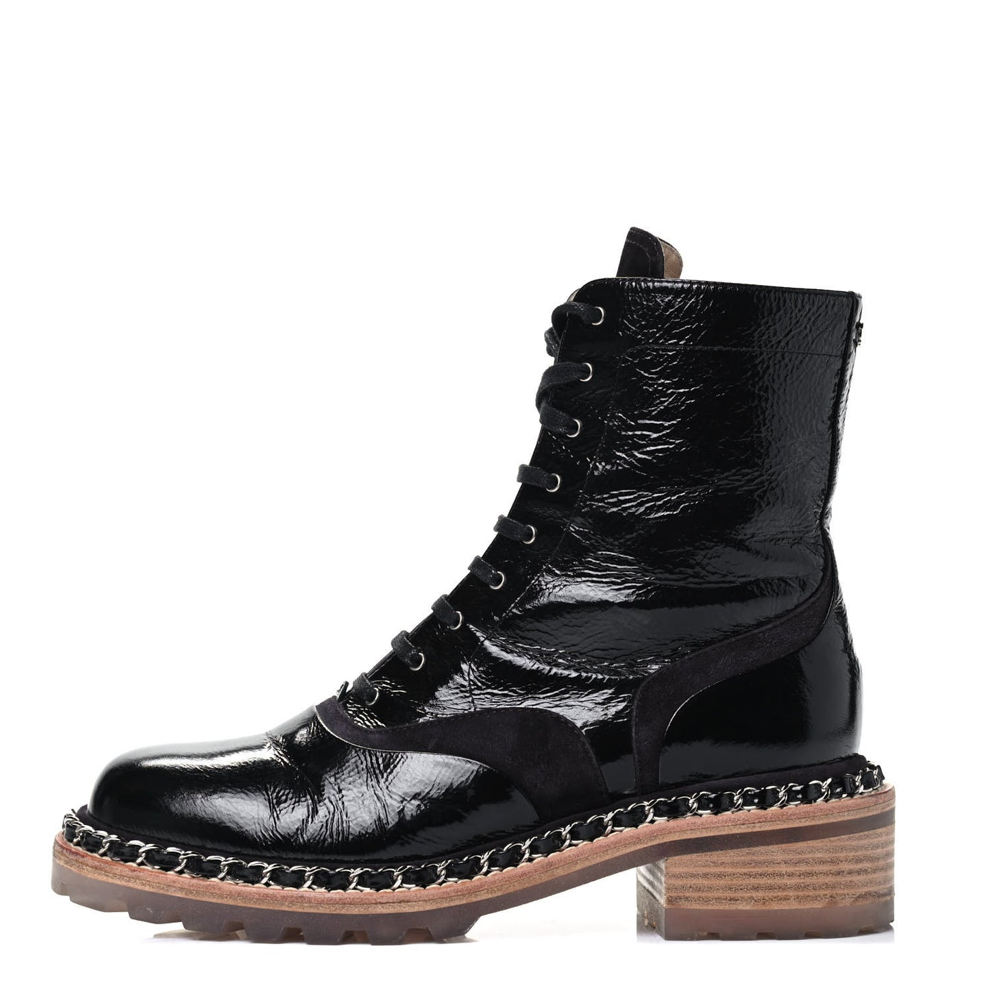 Patent Lace Up Chain Boots 37 Black