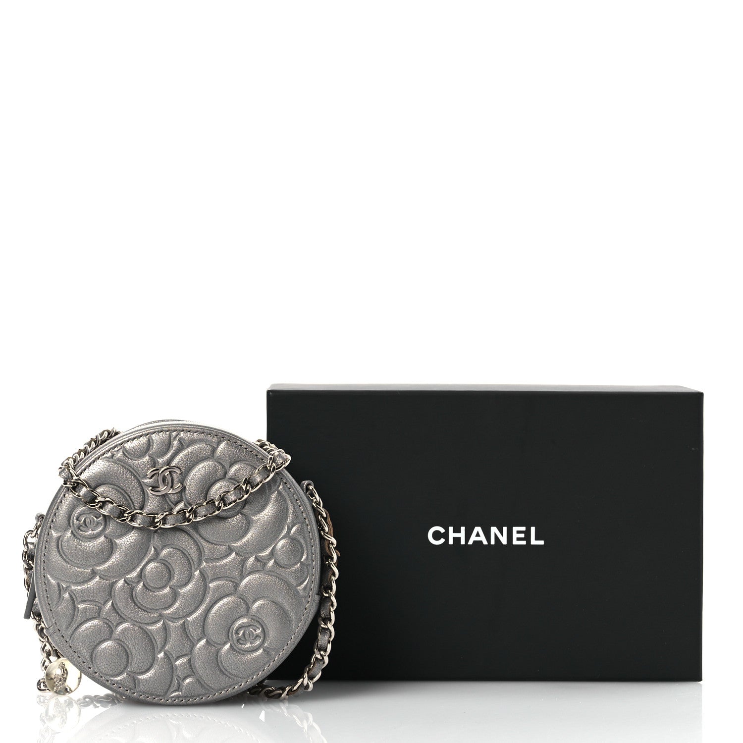 Chanel Goatskin Camellia Embossed Round Clutch With Chain Grey 11 of 11