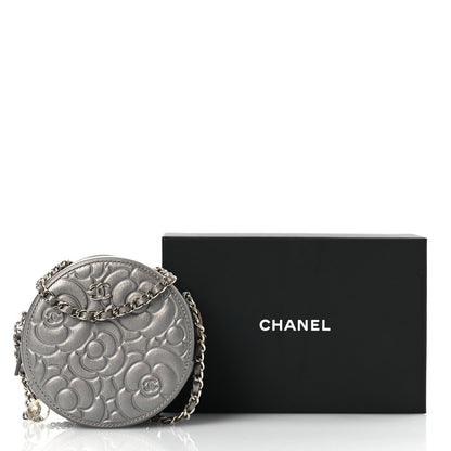 Chanel Goatskin Camellia Embossed Round Clutch With Chain Grey 11 of 11