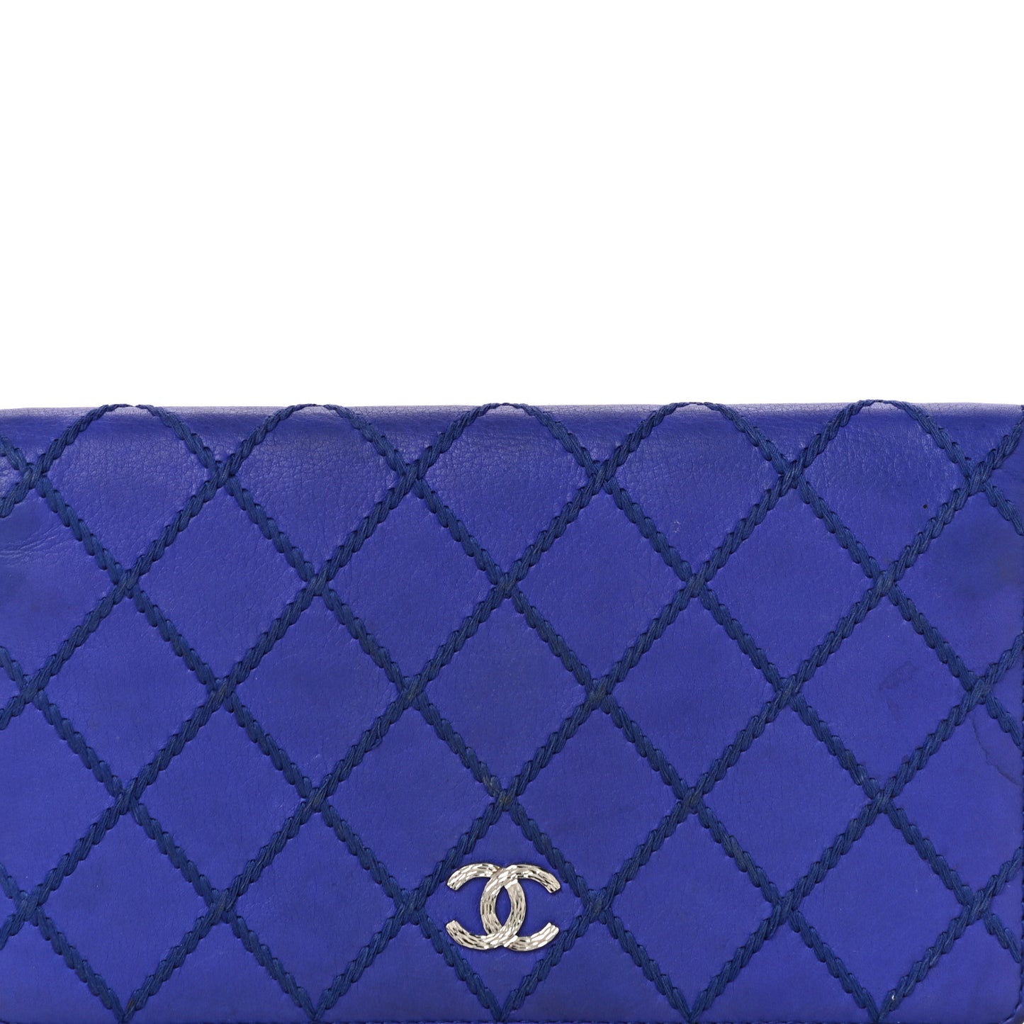 Calfskin Stitched Fancy CC Yen Wallet Blue