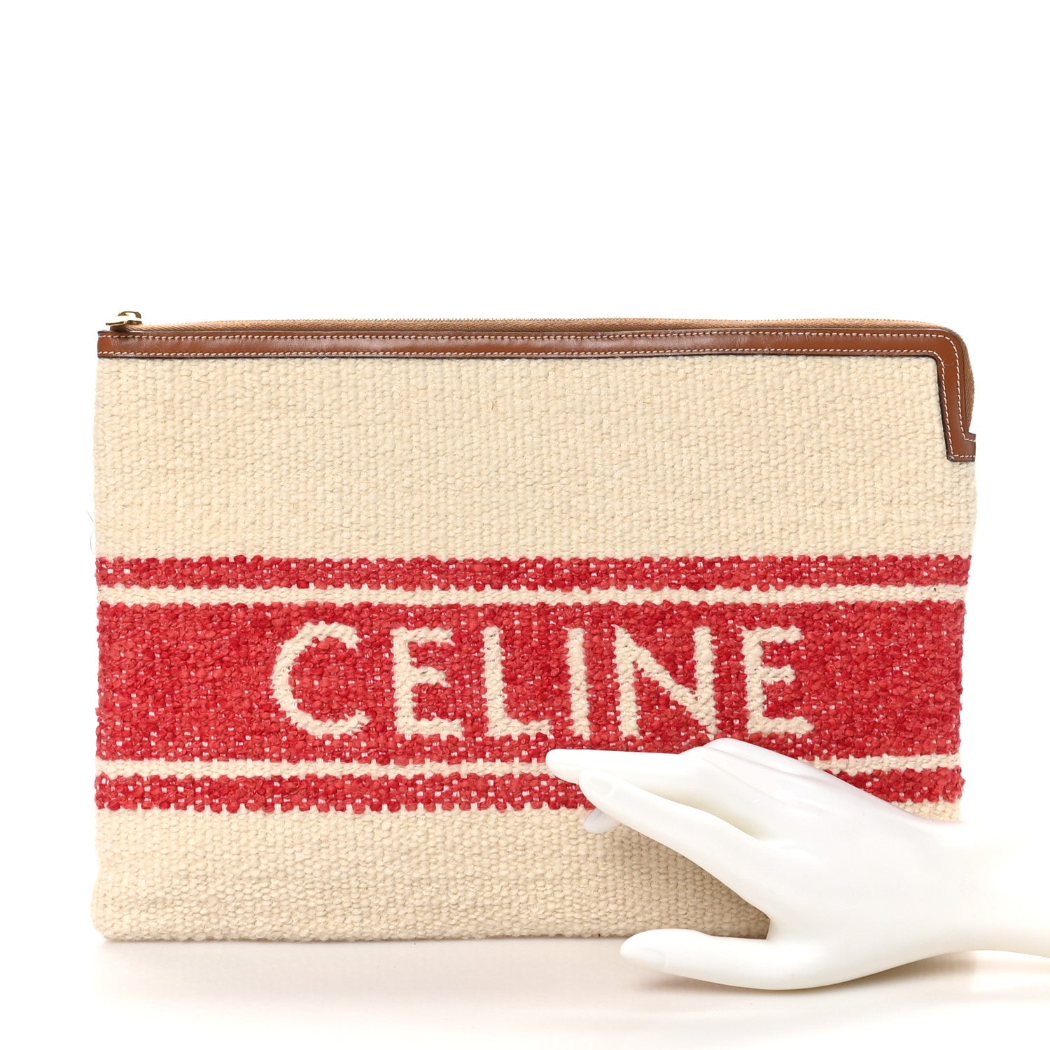Celine All Over Textile Calfskin Striped Large Pouch Beige Red 2 of 8