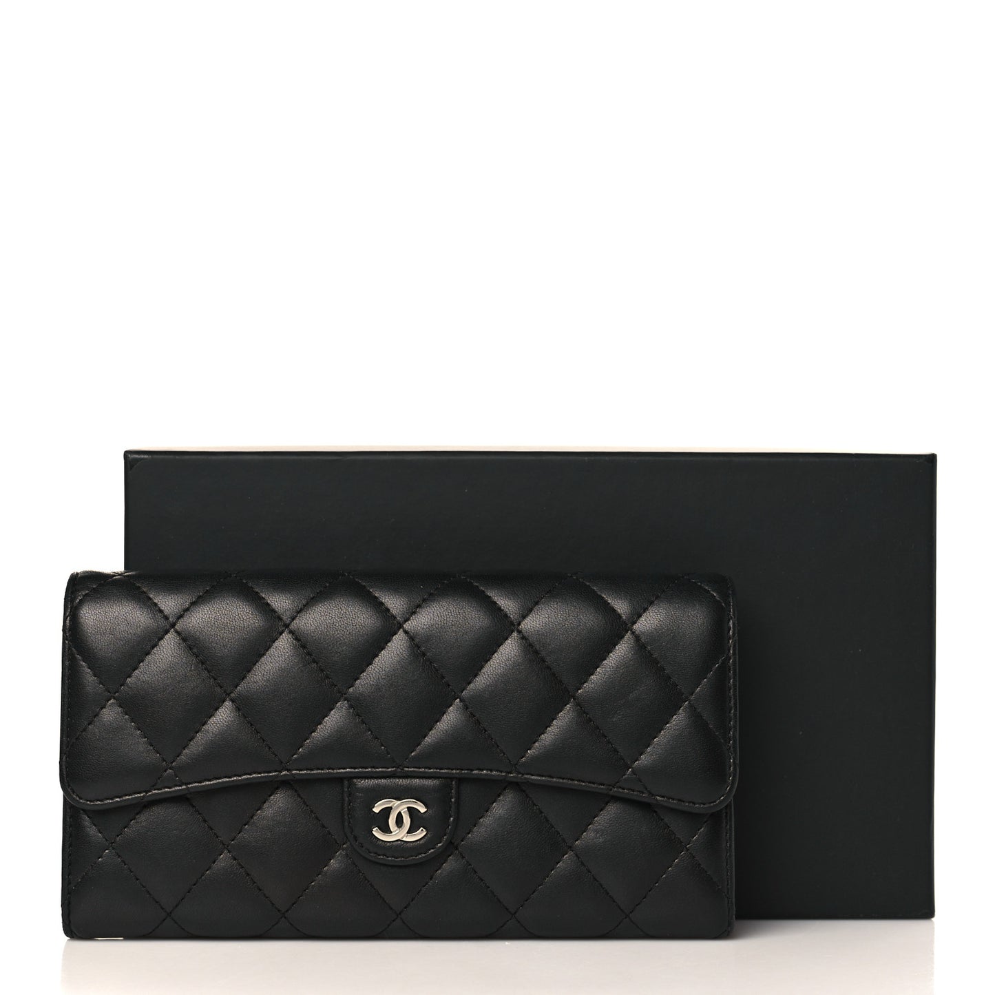 Lambskin Quilted Large Gusset Flap Wallet Black