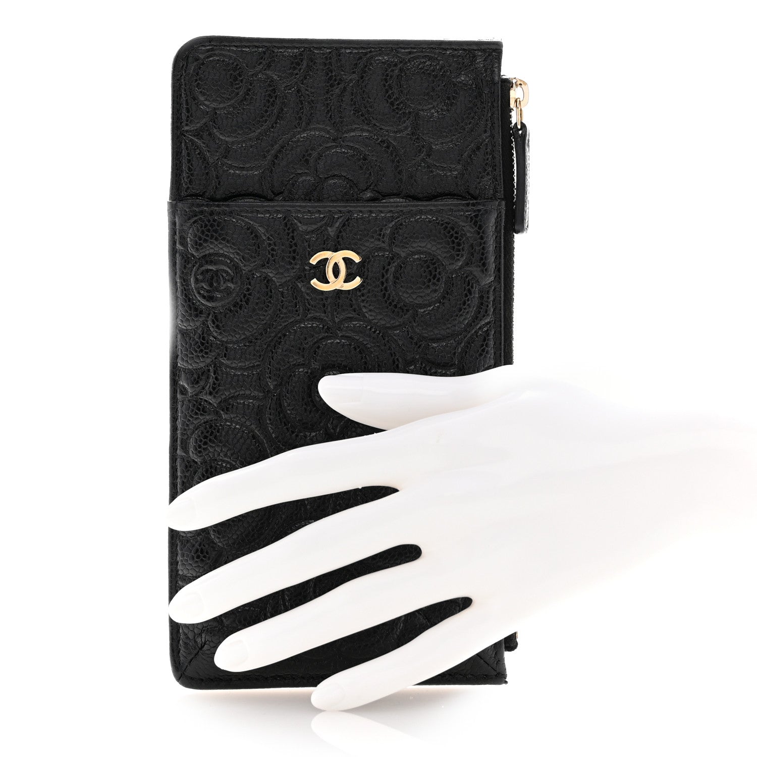 Chanel Caviar Camellia Embossed Classic Flat Wallet Pouch Black 2 of 8