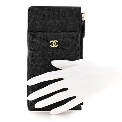 Chanel Caviar Camellia Embossed Classic Flat Wallet Pouch Black 2 of 8