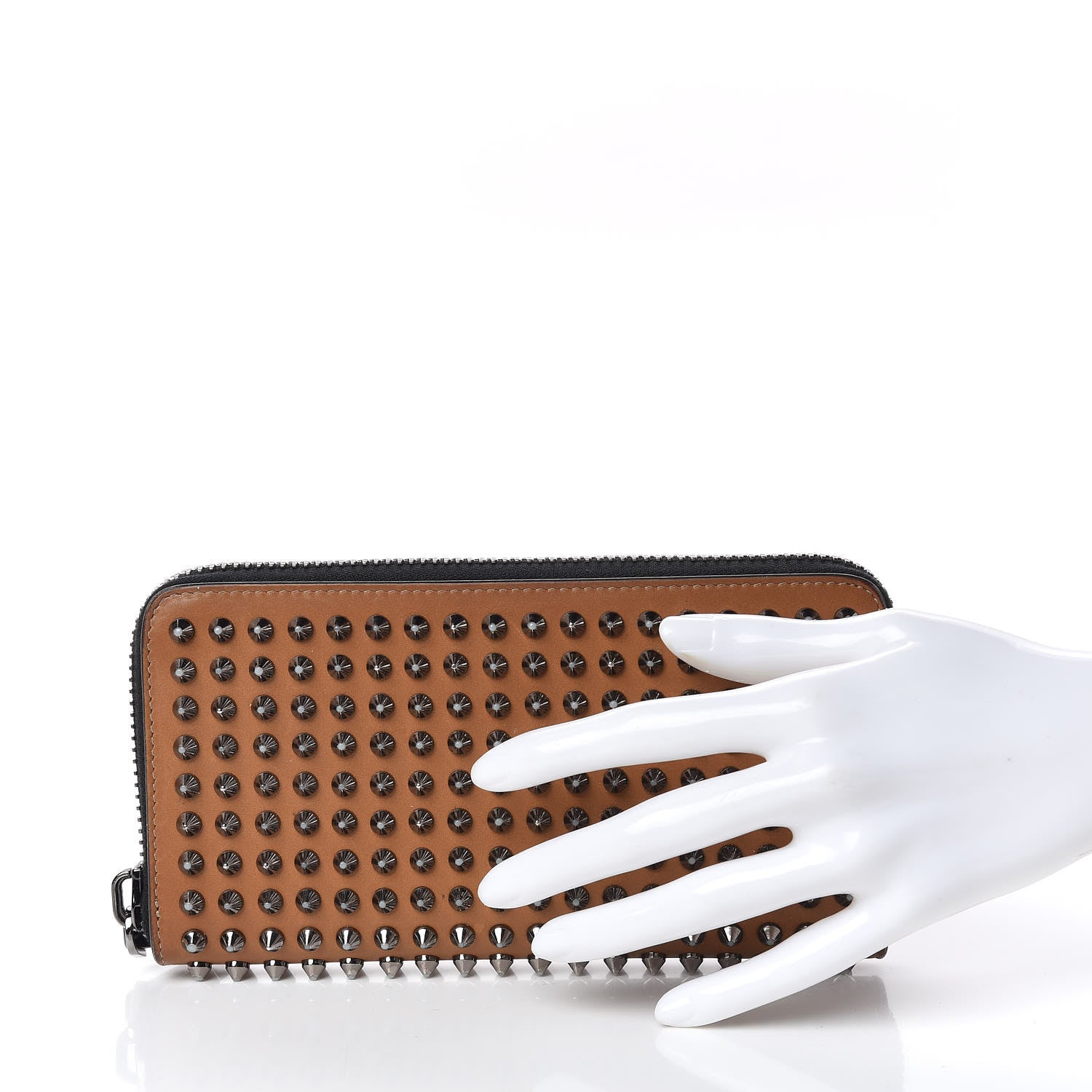 Christian Louboutin Calfskin Panettone Spiked Zip Around Wallet Caramel 2 of 9