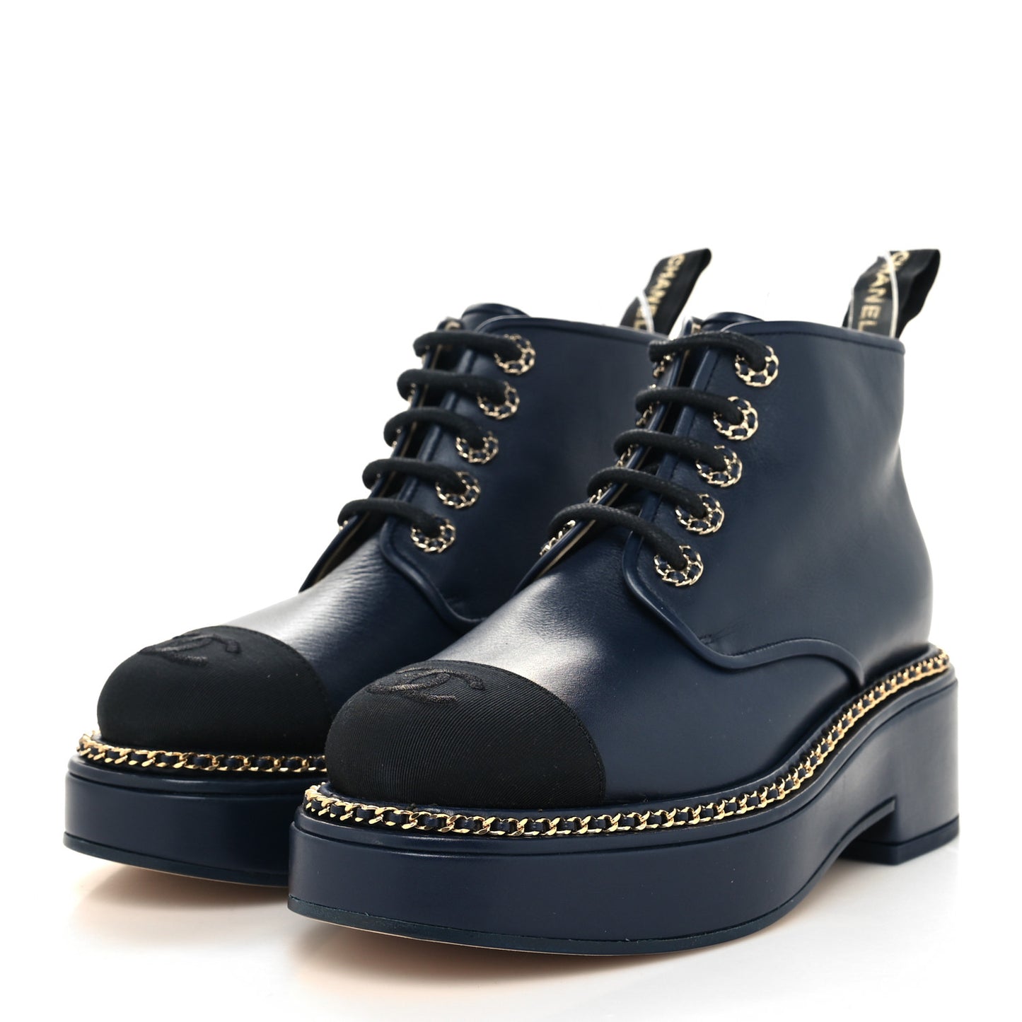 Calfskin Grosgrain Chain Lace Up CC Short Boots 36 Navy Black