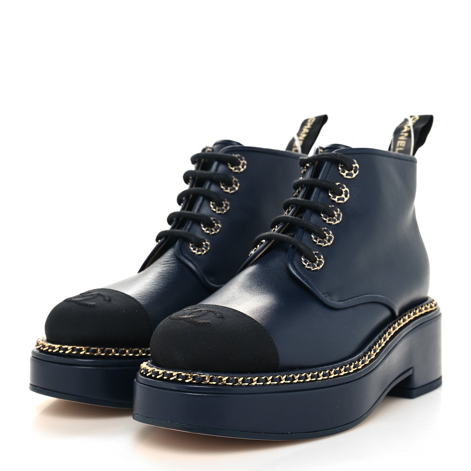 Chanel Calfskin Grosgrain Chain Lace Up CC Short Boots 36 Navy Black 3 of 8