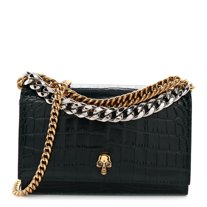 Alexander McQueen Glazed Calfskin Crocodile Embossed Small Skull Shoulder Bag Green 1 of 9