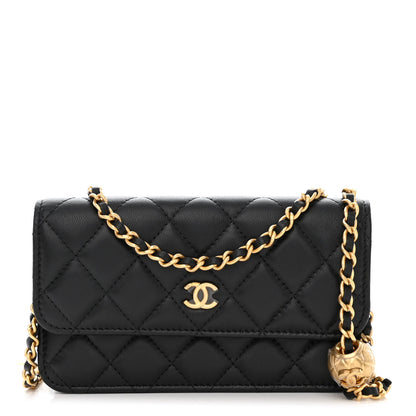 Chanel Lambskin Pearl Crush Quilted Flap Phone Holder With Chain Black 1 of 12