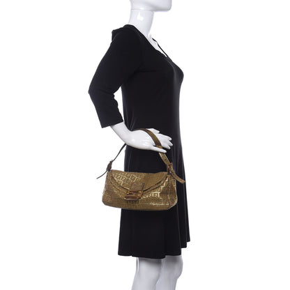 Fendi Metallic Jacquard Zucchino Suede Baguette Peltro Argento Sabbia 2 of 13