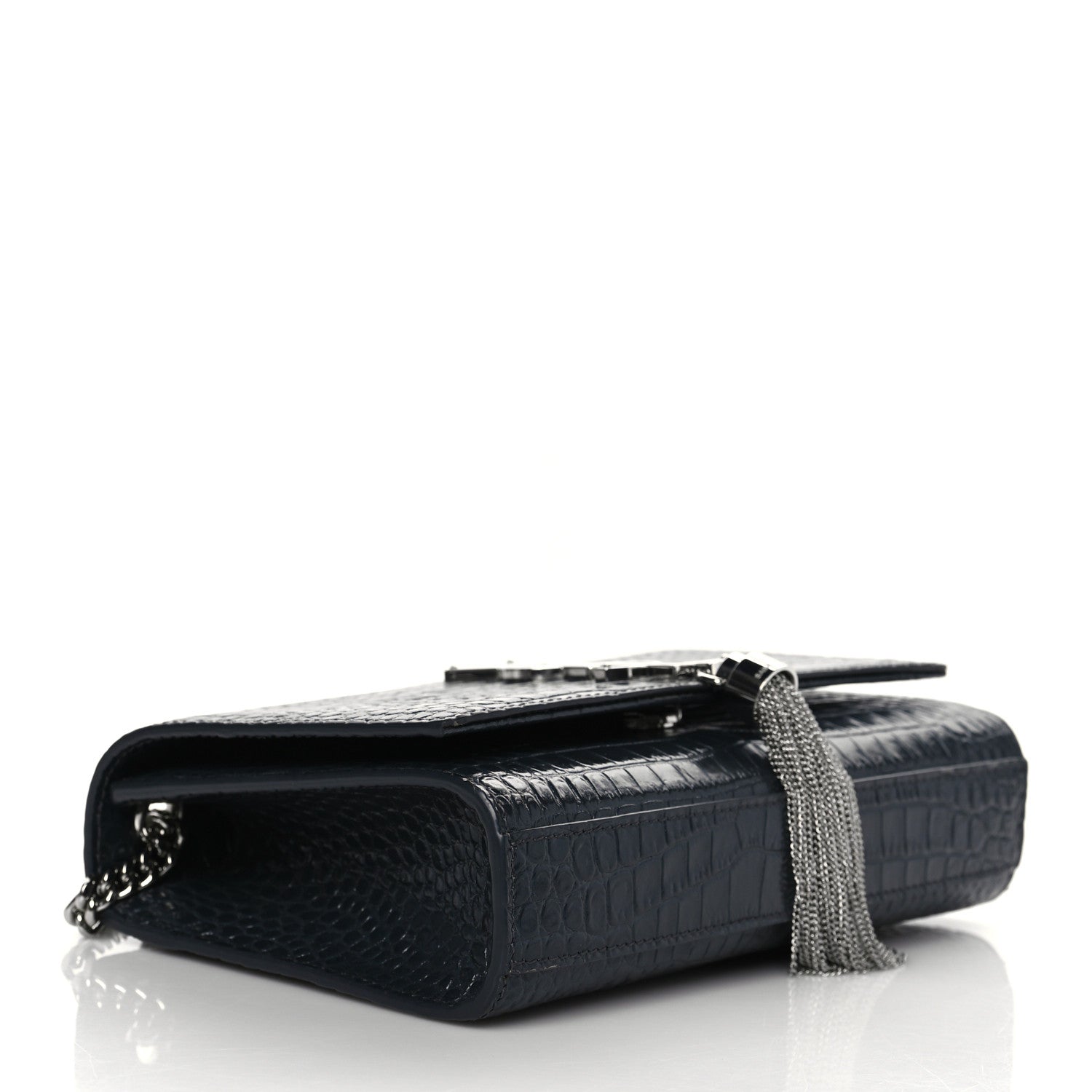 Saint Laurent Calfskin Crocodile Embossed Small Classic Monogram Kate Tassel Satchel Navy 3 of 8