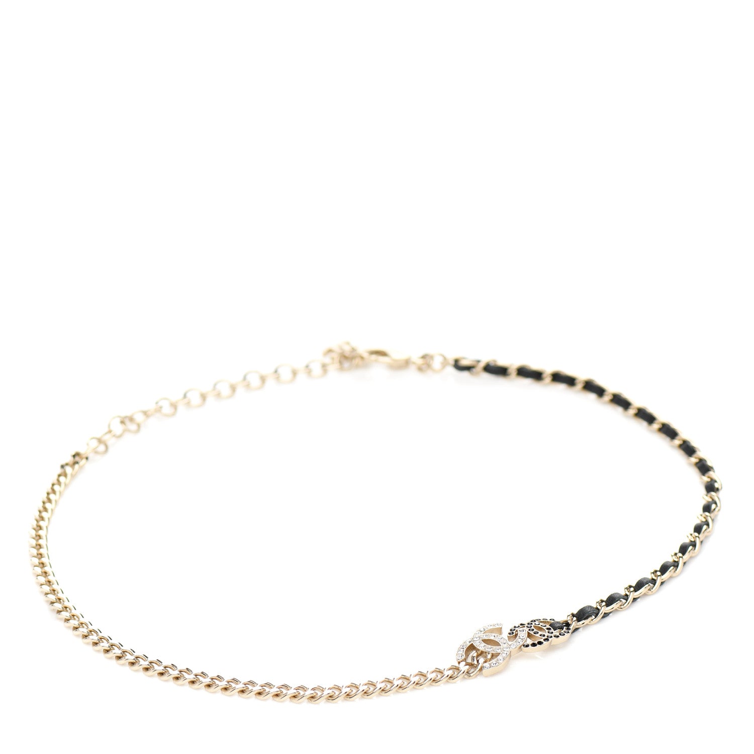 Chanel Metal Calfskin Crystal Double CC Short Necklace Black Gold 1 of 4