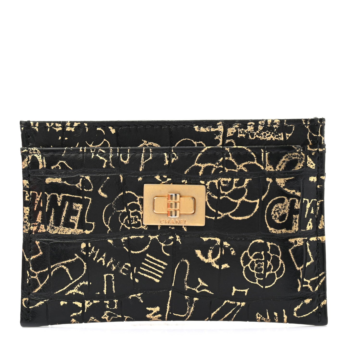Calfskin Crocodile Embossed Graffiti 2.55 Cocodile Reissue Card Holder Black Gold