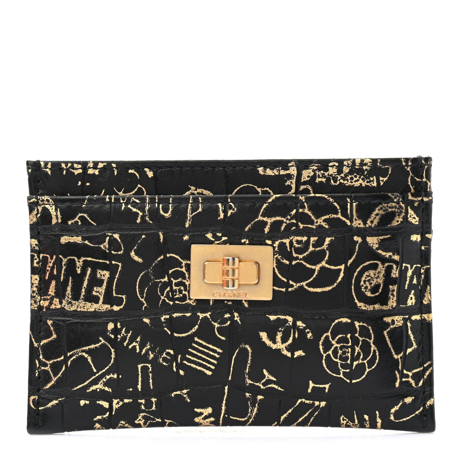 Chanel Calfskin Crocodile Embossed Graffiti 2.55 Cocodile Reissue Card Holder Black Gold 1 of 8