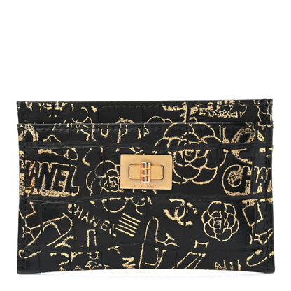 Chanel Calfskin Crocodile Embossed Graffiti 2.55 Cocodile Reissue Card Holder Black Gold 1 of 8