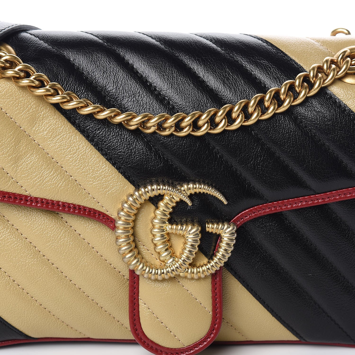 Gucci Vintage Effect Calfskin Matelasse Diagonal Striped Small Torchon GG Marmont Shoulder Bag Black Beige 11 of 11
