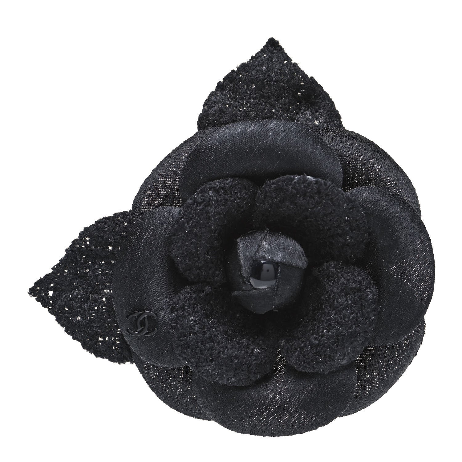 Chanel Tweed Camellia Pin Brooch Black 1 of 5