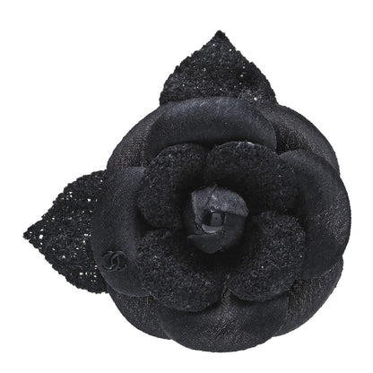 Chanel Tweed Camellia Pin Brooch Black 1 of 5