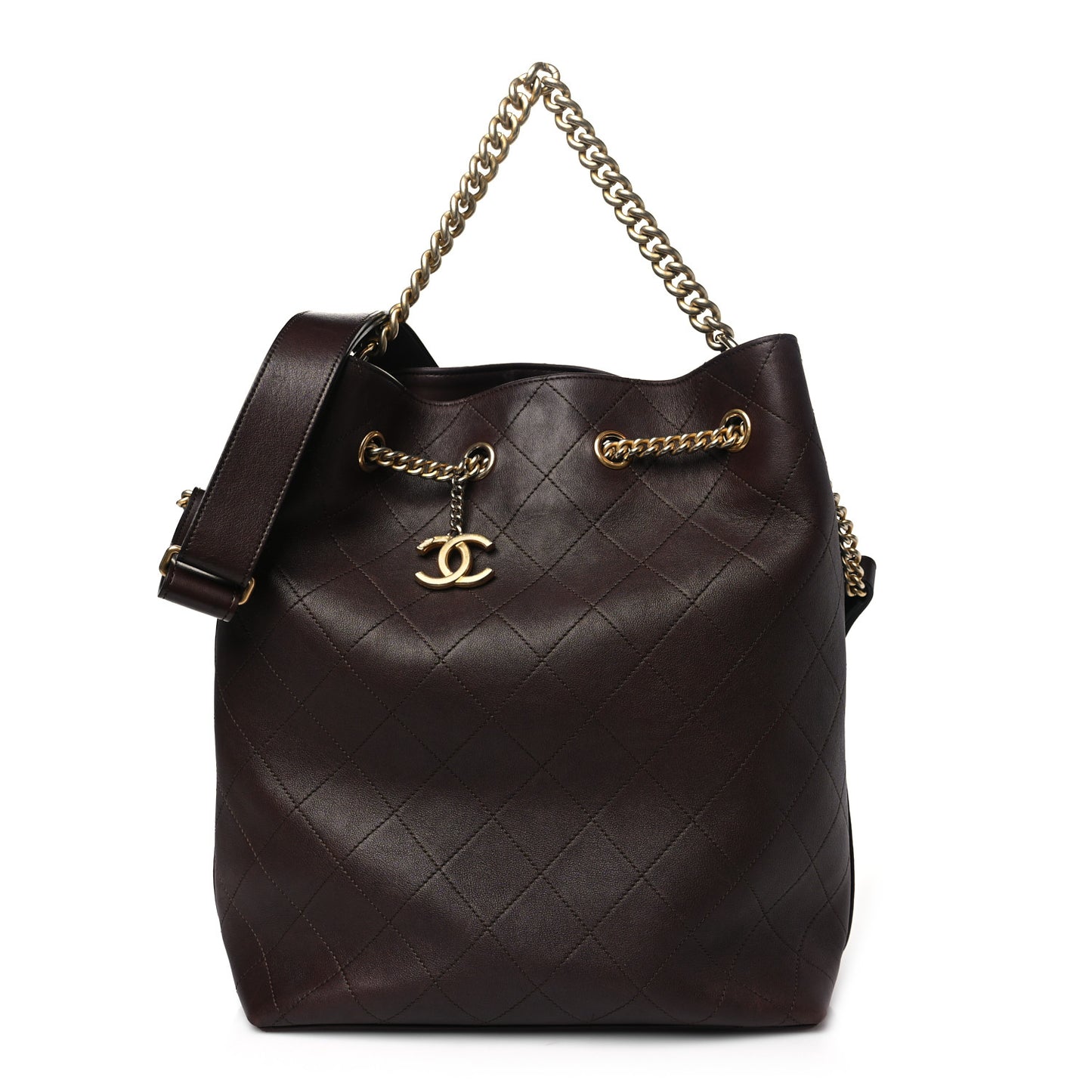 Calfskin Quilted Small On My Shoulder Drawstring Bag Brown