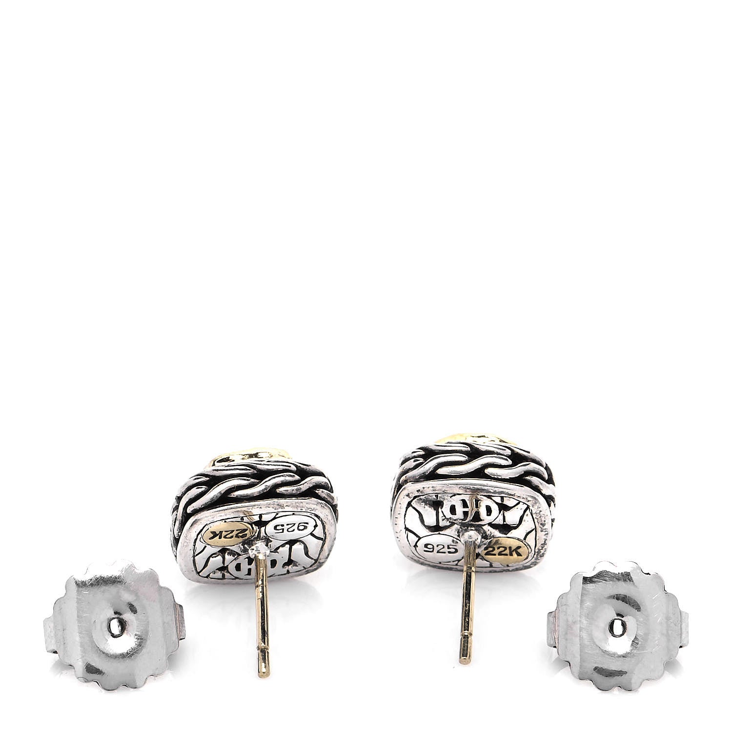 John Hardy Sterling Silver 22K Yellow Gold Classic Chain Square Hammered Stud Earrings 4 of 5