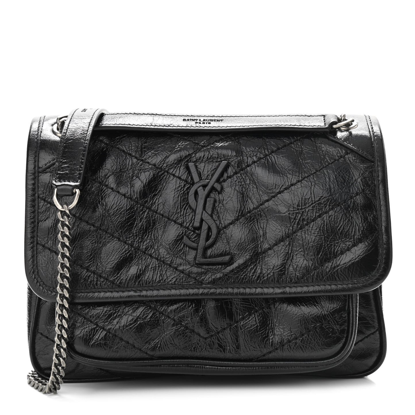 Crinkled Calfskin Matelasse Monogram Baby Niki Chain Satchel Black