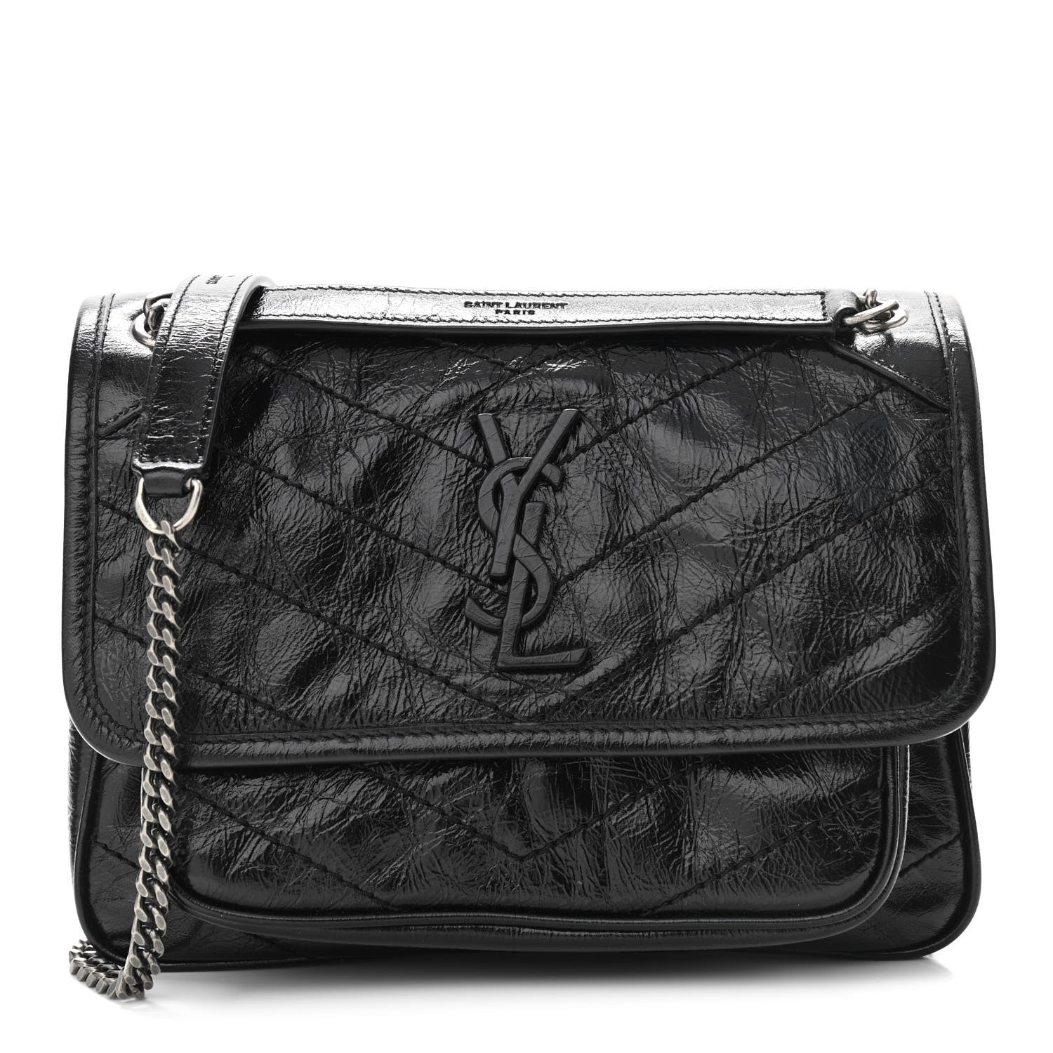 Saint Laurent Crinkled Calfskin Matelasse Monogram Baby Niki Chain Satchel Black 1 of 13