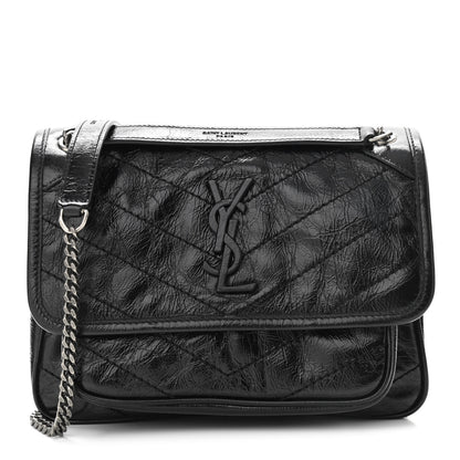 Saint Laurent Crinkled Calfskin Matelasse Monogram Baby Niki Chain Satchel Black 1 of 13