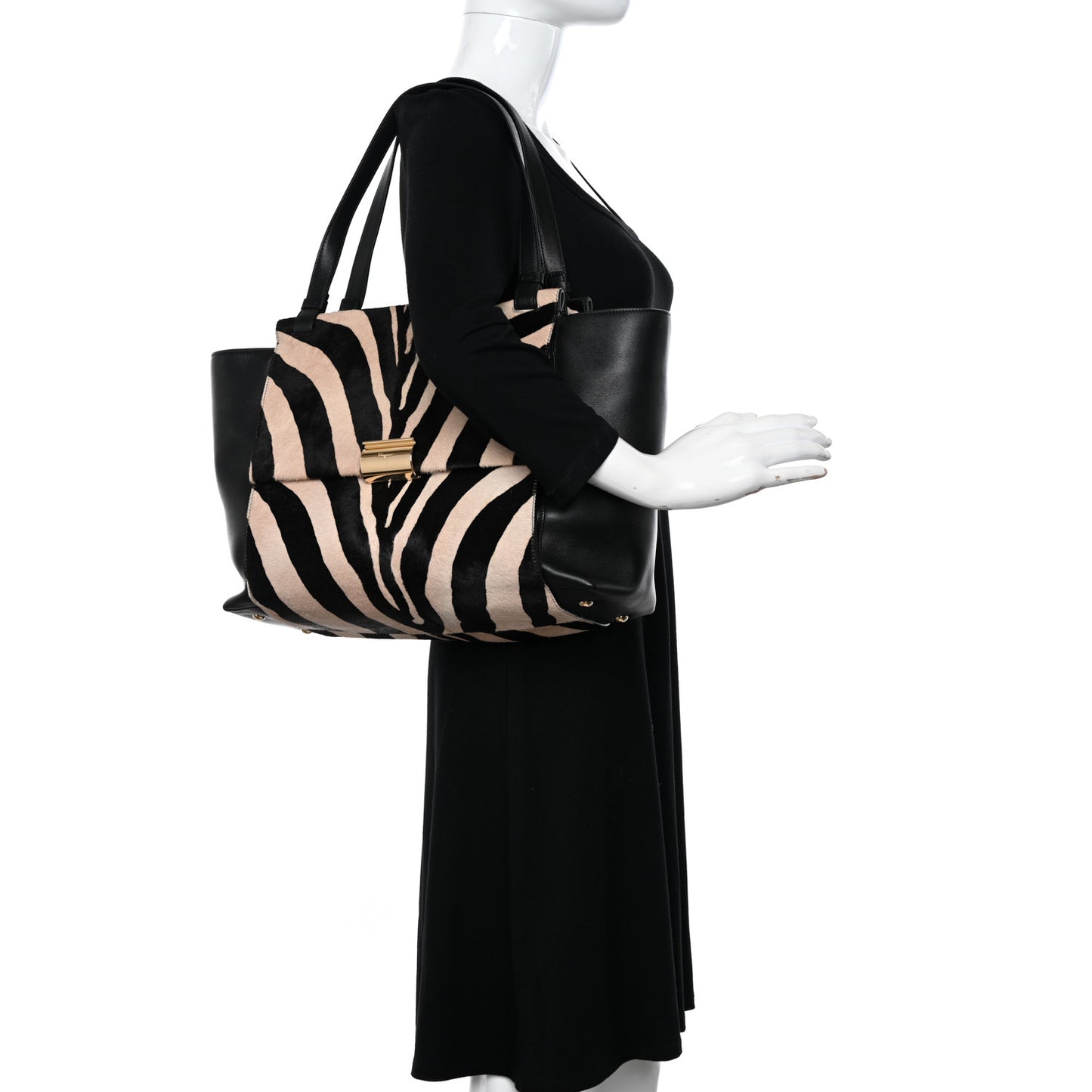 Calfskin Calf Hair Zebra Print Bitter Pocket Tote Black White