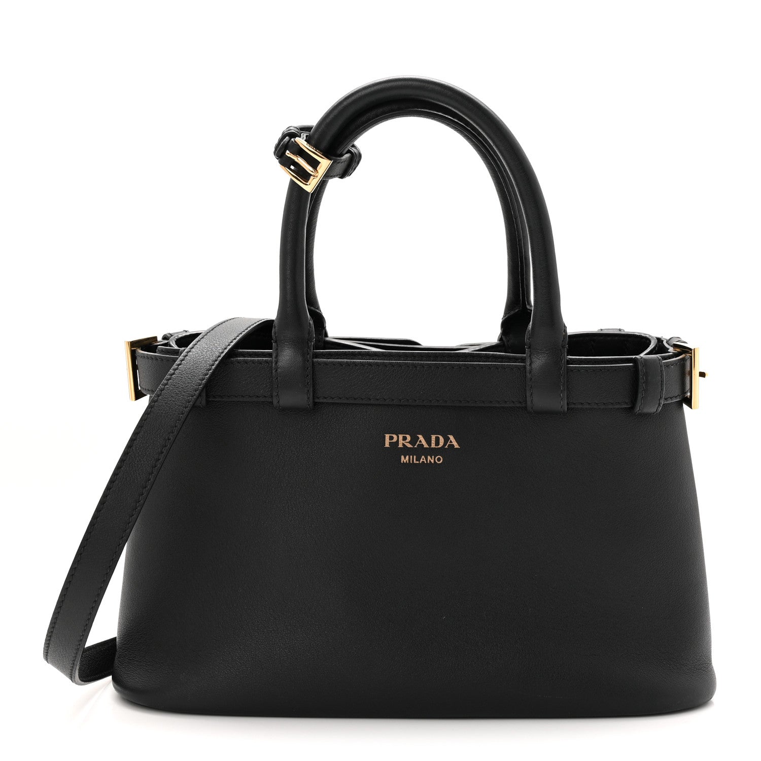Prada Soft Grain Calfskin Small Double Belt Tote Black 1 of 12
