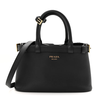 Prada Soft Grain Calfskin Small Double Belt Tote Black 1 of 12