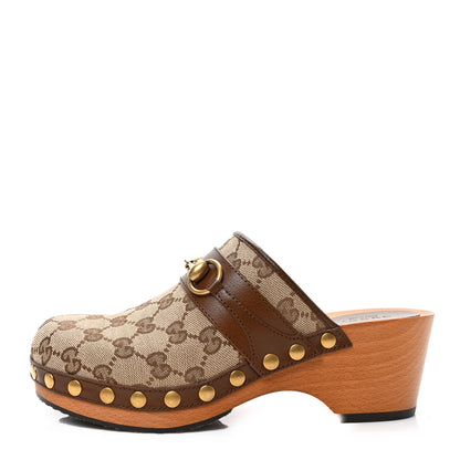 Gucci Monogram Goatskin Horsebit Clog Mules 37.5 Beige Ebony Brown Sugar 1 of 8