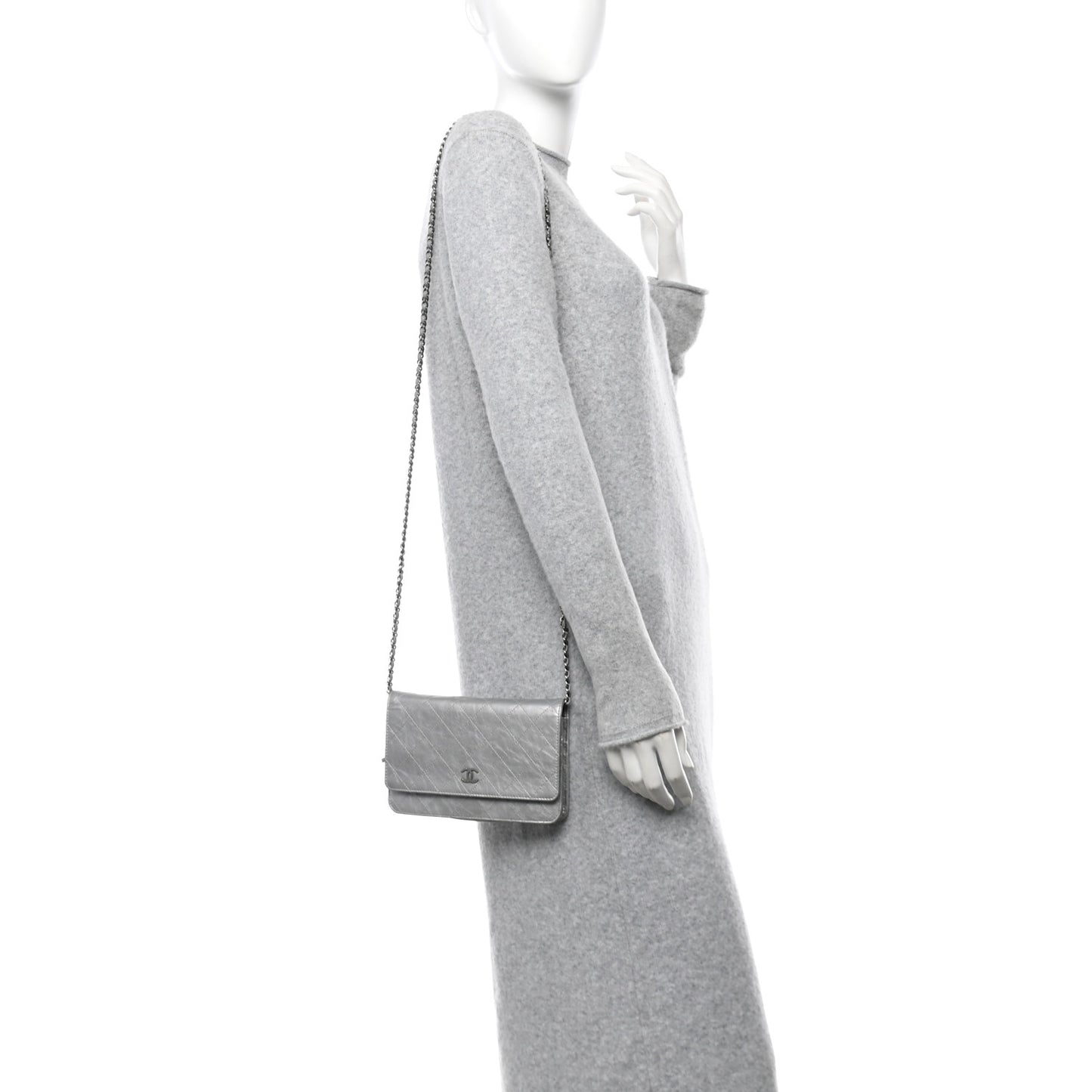 Metallic Aged Calfskin Quilted Wallet on Chain WOC Silver