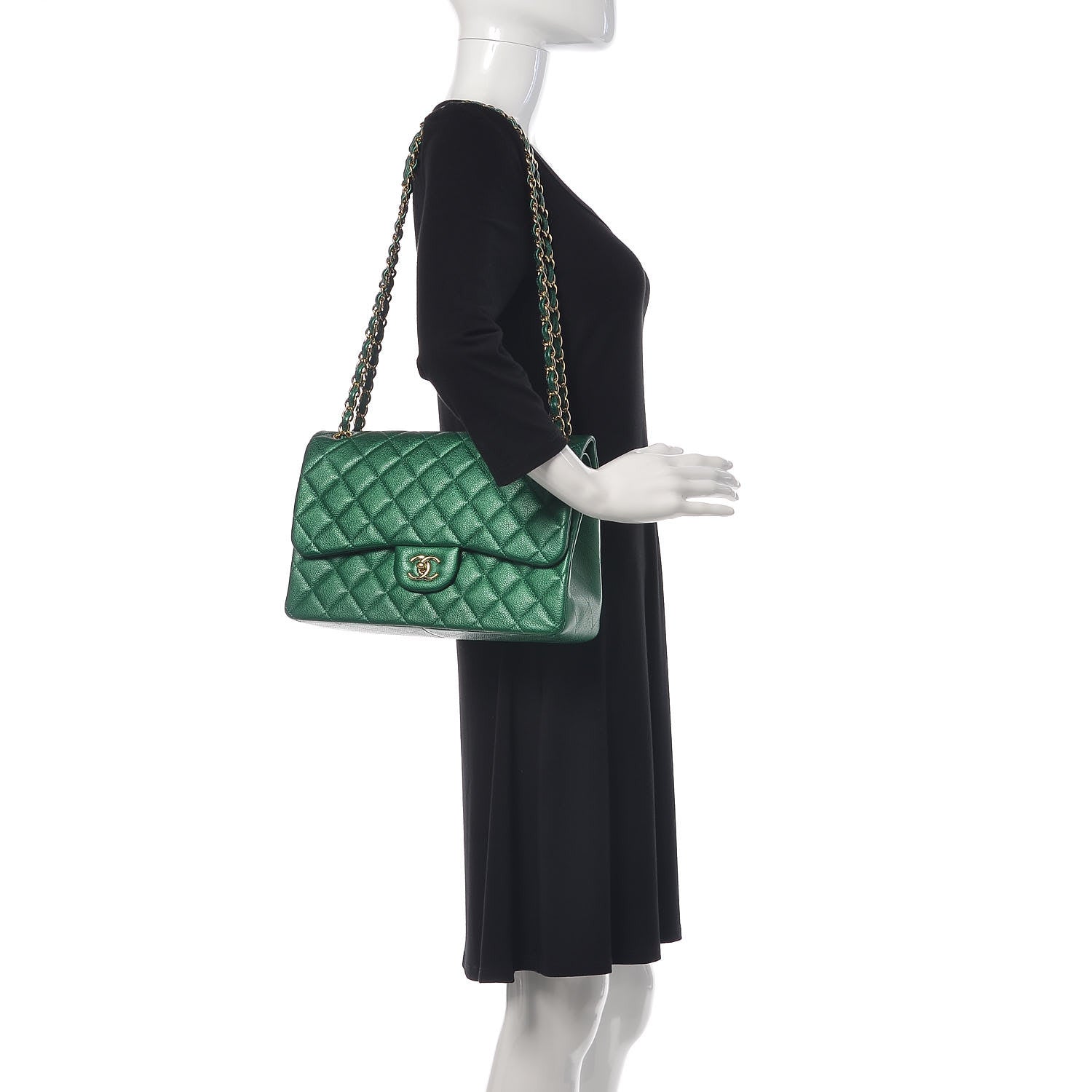 Chanel Metallic Caviar Quilted Jumbo Double Flap Green 2 of 14