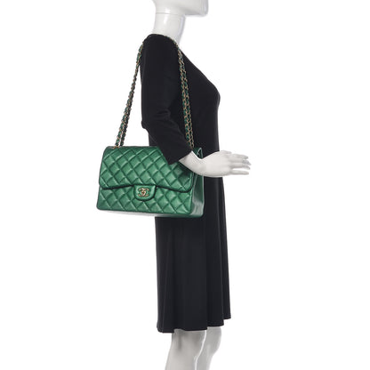 Chanel Metallic Caviar Quilted Jumbo Double Flap Green 2 of 14